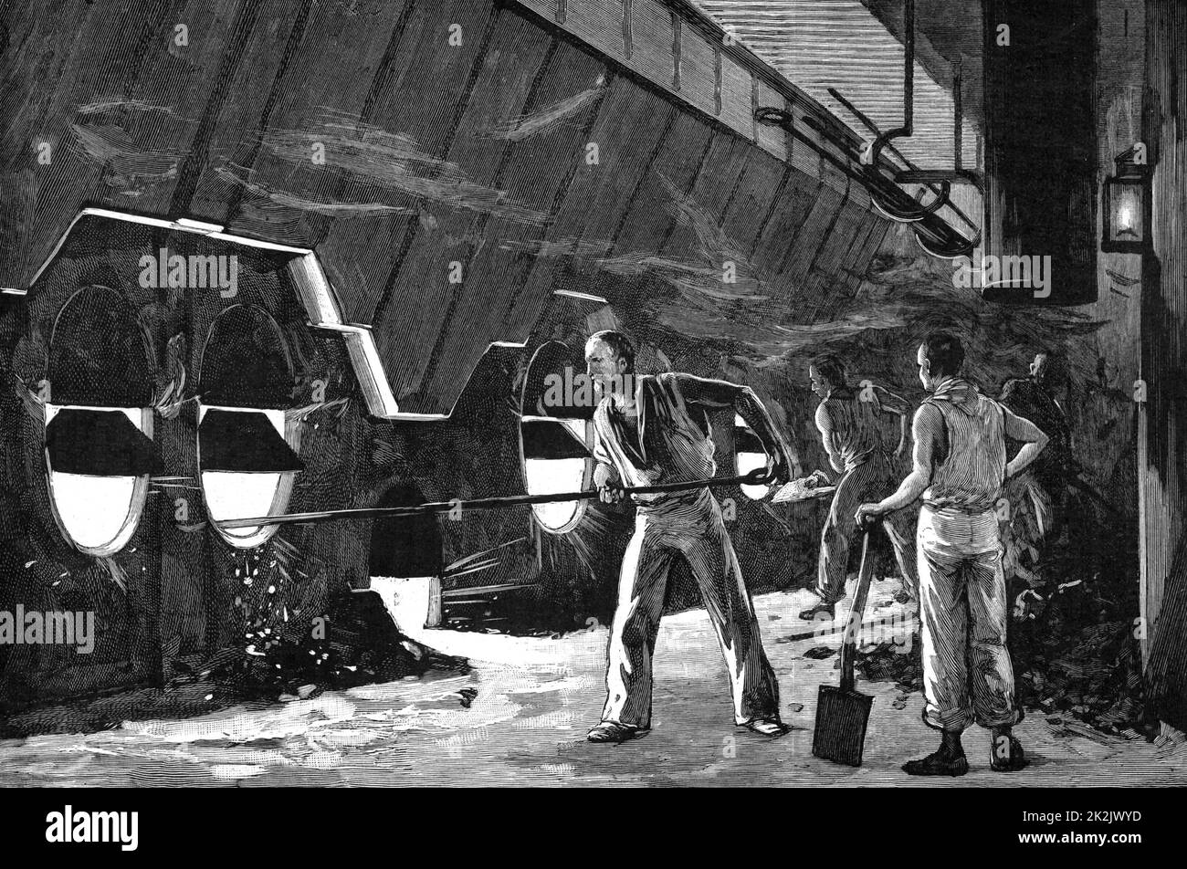 Stokers at work in the heat of the boiler room of a transatlantic liner. The man in the foreground is raking out clinker from the fire box while the man further along the row of is shovelling in more coal. From 'La Science Illustree' (Paris, 1892). Engraving. Transport. Shipping. Power. Steam. Fuel. Coal. Stock Photo