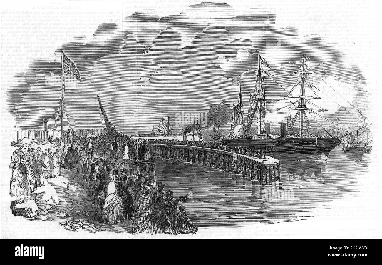 Crimean (Russo-Turkish) War 1853-1856. Grenadier Guards embarking on the steamer 'The Ripon' at Southampton, England, on their way to the Crimean War. From 'The Illustrated London News' (London, 4 March 1854). Transport. Shipping. Military. Troop. Stock Photo