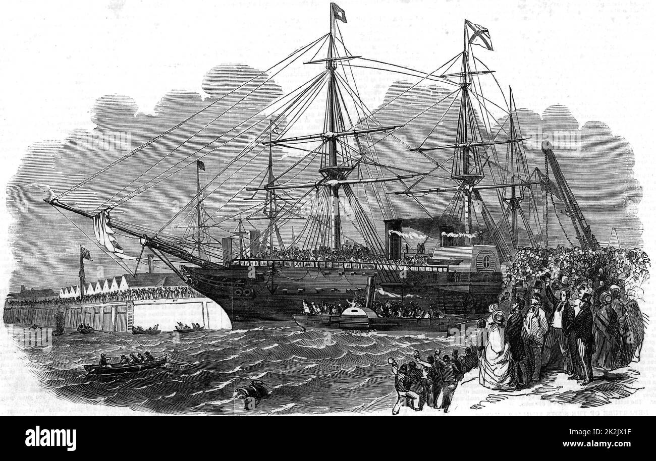 Crimean (Russo-Turkish) War 1853-1856. The British Coldstream Guards on the steamer 'The Orinoco' leaving Southampton, England. From 'The Illustrated London News' (London, 4 March 1854). Transport. Shipping. Military. Troop. Stock Photo