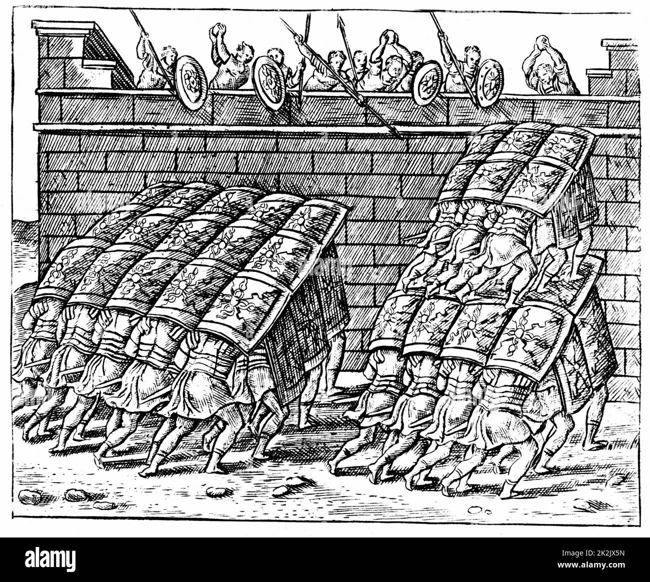 Roman soldiers forming a Tortoise with their shields and approaching the walls of a besieged fortress. Engraving from Justus Lipsius 'Poliorceticon' Antwerp 1605. Stock Photo