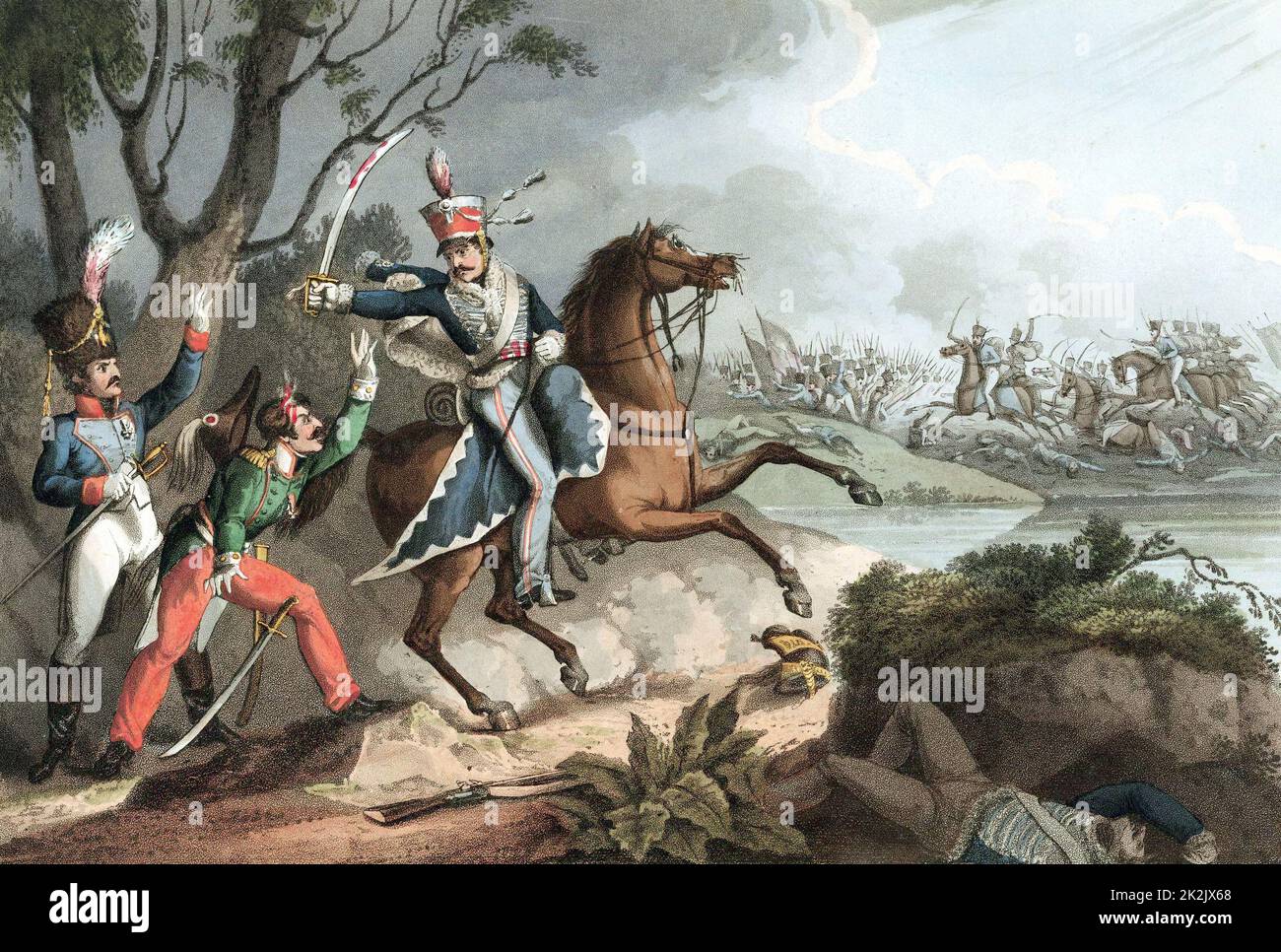 Napoleonic Wars: Battle of Albuera 16 May 1811, Beresford defeats Soult. Sergeant of 18th Hussars (British) takes French officers prisoner. Hand-coloured aquatint after W Heath 1817 Stock Photo