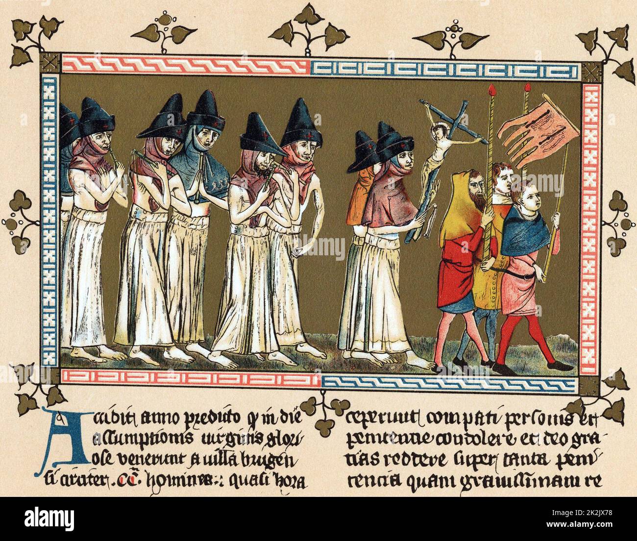 Flagellants or Brothers of the Cross in Netherlands town of Doornik 1349 scourging themselves as they walk through streets in order to free world from Black Death (Bubonic Plague). Chromolithograph after  'Chronica Aegidii Li Muisius' Stock Photo