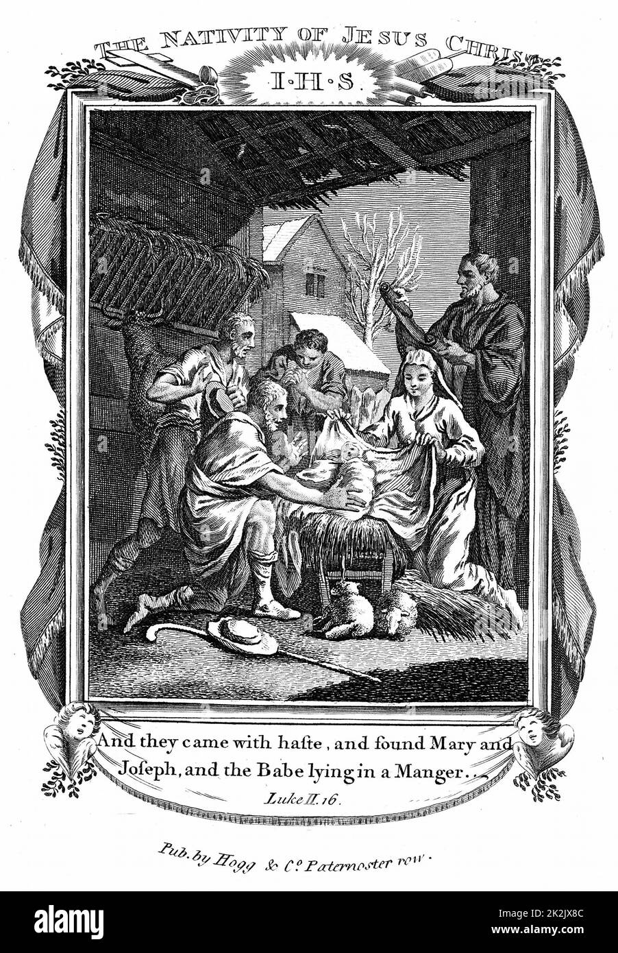 Adoration of the Sheperds'. Mary, Joseph, the Shepherds and the Christ child in swaddling bands in the stable. 'Bible' Luke 2.16. Copperplate engraving c1808 Stock Photo