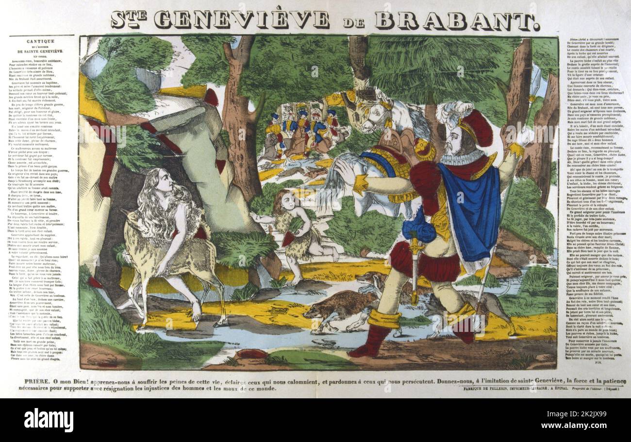 St Genevieve of Brabant, 8th century. Wife of palatine Siegfried. Accused of adultery, exposed in forest. 5 years later recognised by husband out hunting and innocence acknowledged. 19th century French coloured woodcut Stock Photo
