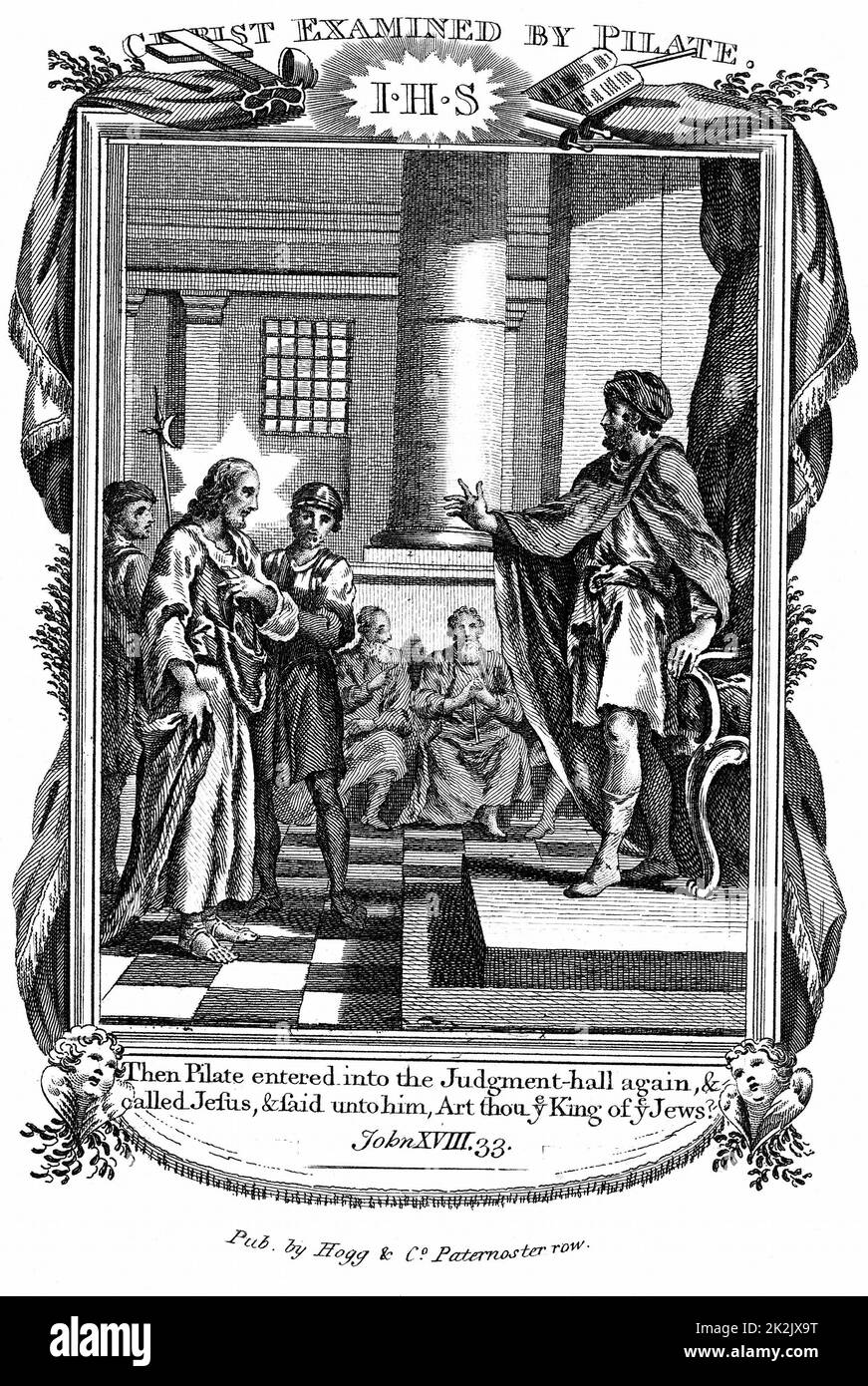 Pontius Pilate (dc36) Roman governor of Jerusalem, asking Jesus 'Art thou the King of the Jews?'. 'Bible' John 18.33. Copperplate engraving c1808 Stock Photo