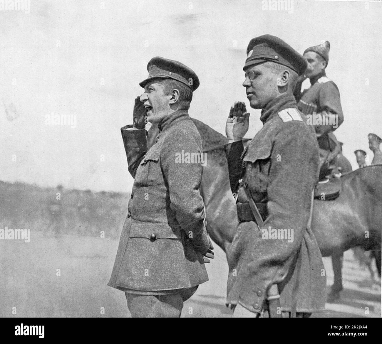Alexander Feodorovich Kerensky (1881-1970) Russian revolutionary leader, here as minister for war in 1917, reviewing the troops Stock Photo