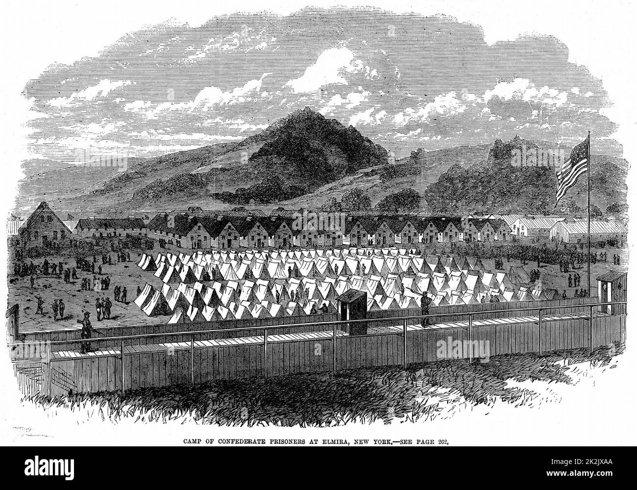 American Civil War 1861-1865: Confederate (southern) prisoners in Federal (northern) prison camp at Elmira, New York Stare. About 10,000 men held in huts and under canvas in enclosure of about 20 acres .From 'The Illustrated London News', March 1865. Wood Stock Photo