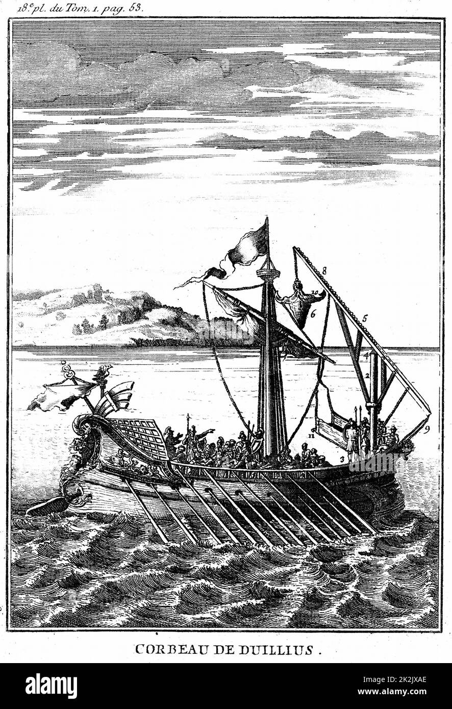 Roman war galley equipped with a corvus (right). 18th century copperplate engraving Stock Photo