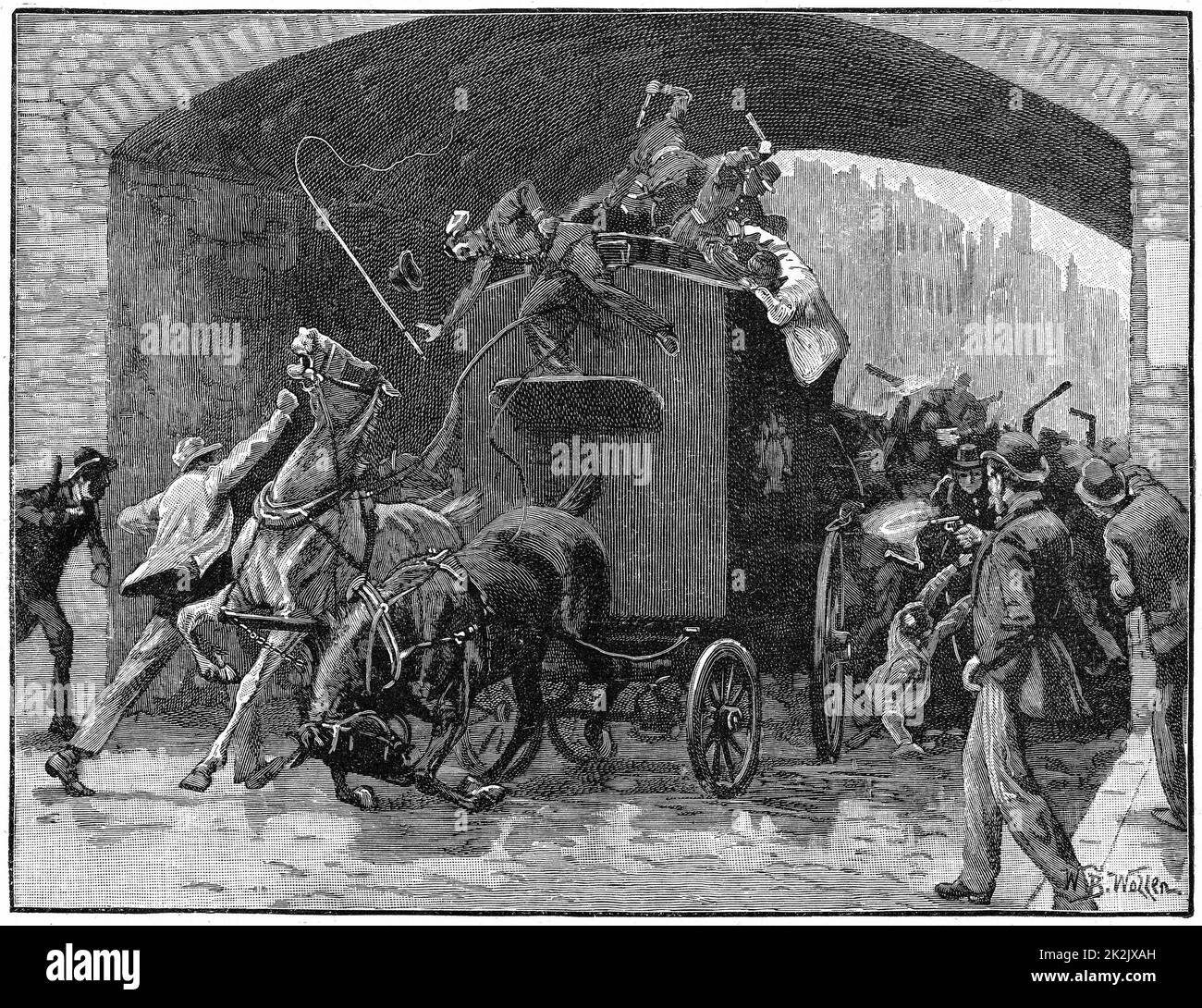 Fenian Conspiracy leaders Kelly and Deasy rescued from police van passing under railway bridge in Hyde Street on way from court in Manchester to prison, 18 September 1867. Police sergeant shot dead. Wood engraving Stock Photo