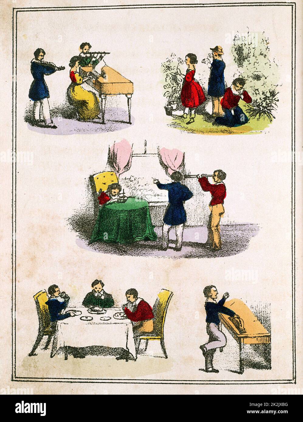 The Five Senses: smell, hearing, sight, touch and taste. From children's book, London c1850. Lithograph Stock Photo