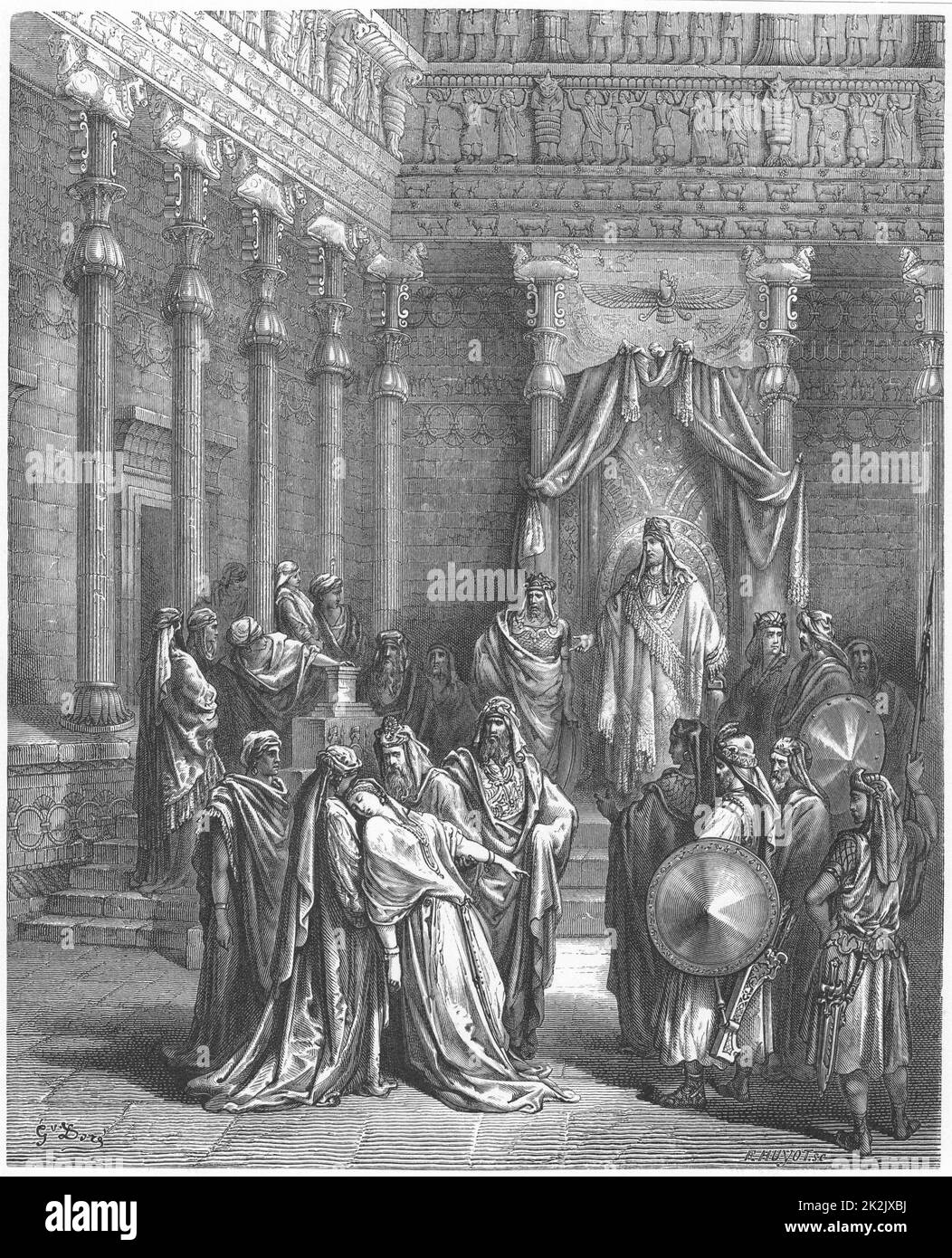 Esther, coming into presence of king Ahasuerus expecting to die because she was a Jew, fainting in fear. From Gustave Dore's 'Bible', 1856 Stock Photo