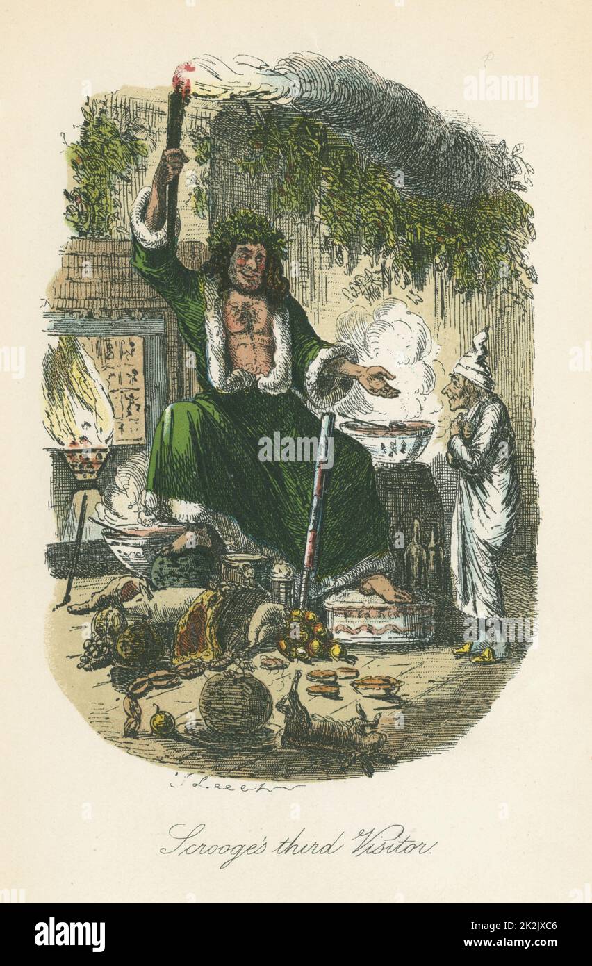 The Ghost of Christmas Present appearing to Scrooge. Illustration by John Leech (1817-64) for Charles Dickens 'A Christmas Carol', London 1843-1834 Stock Photo