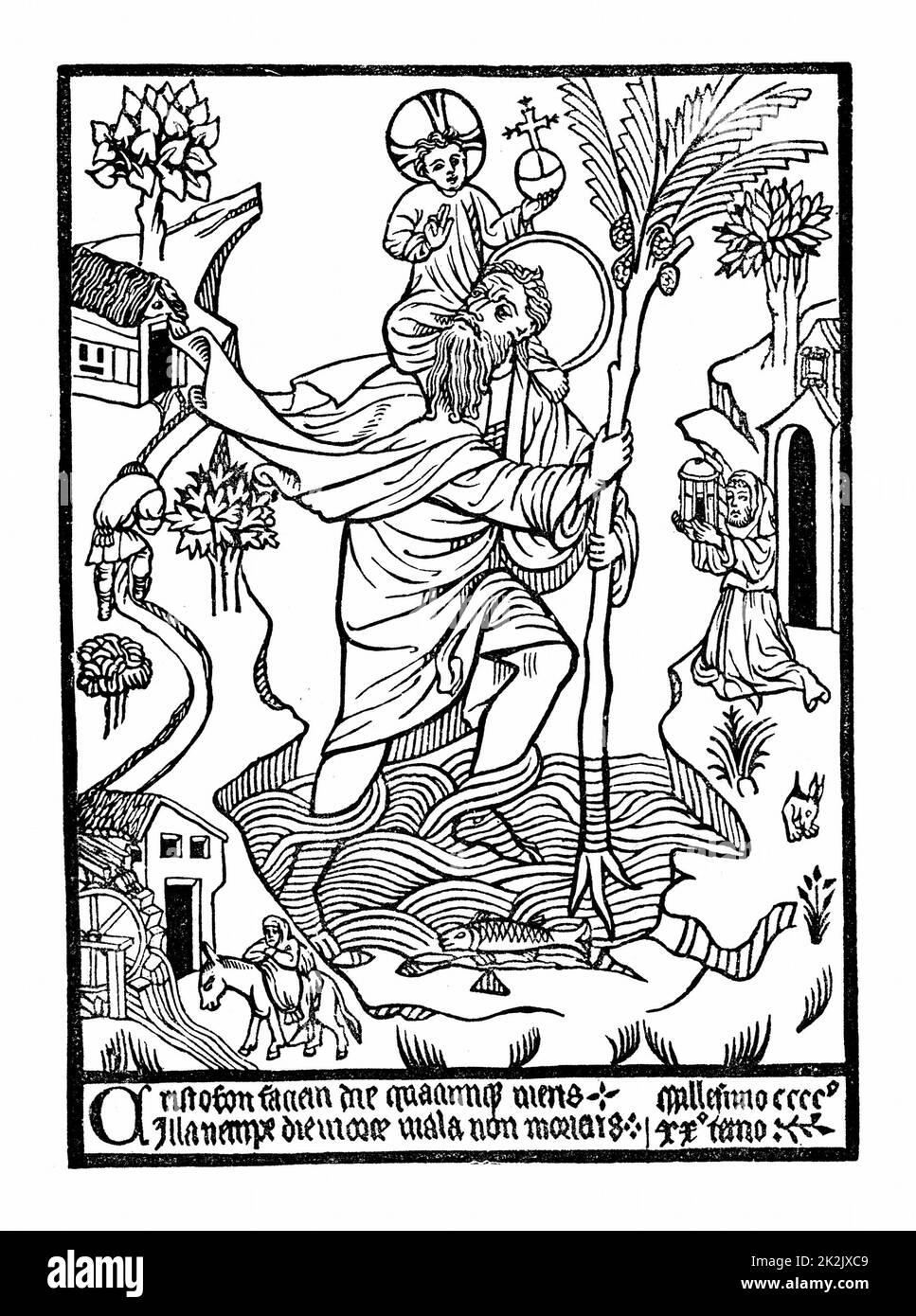 St Christopher (Christ-bearer) carrying Christ across the stream. 3rd century Canaanite giant whose task was to carry travellers across the water. Early woodcut From 'Woodcuts of the Fifteenth Century in the John Rylands Library - Manchester'. Stock Photo
