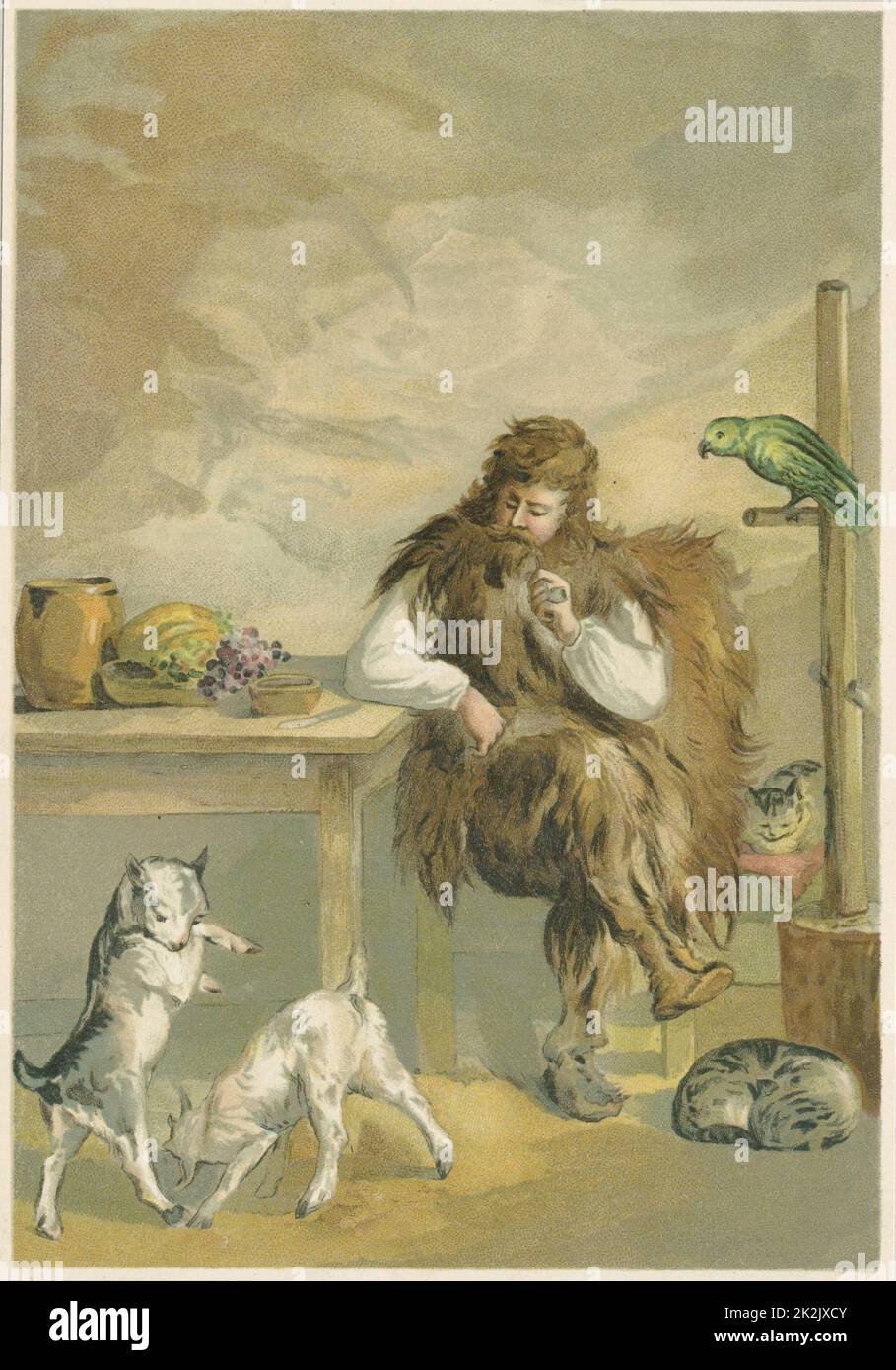 Robinson Crusoe about twenty years after shipwreck, in his cave with 'family' of pet parrot, cats and kids. From Daniel Defoe 'The Life and Strange Surprising Adventures of Robinson Crusoe', London 1892, illustrated by John Dawson Watson (1832-1892). Book first published 1719 Stock Photo