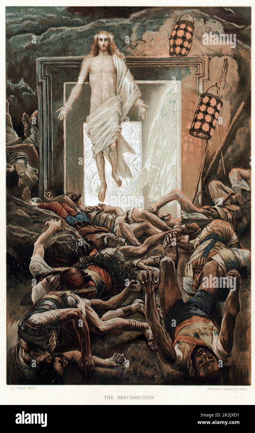 The Resurrection 'His countenance was like lightning and his raiment white as snow: And for fear of him the keepers did shake, and became as dead men'. Matthew 28-29. From JJ Tissot 'The Life of our Saviour Jesus Christ' c1890. Oleograph Stock Photo