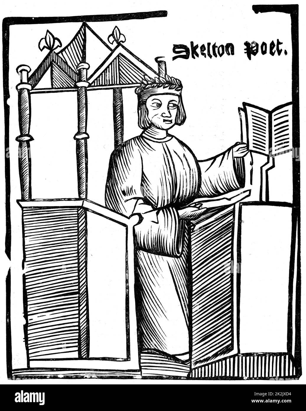 John Skelton (1460?-1529) English satirical poet. Tutor to Prince Henry (later Henry VIII). From an edition of 'Colyn Cloute' his long poem against Cardinal Wolsey. Woodcut Stock Photo