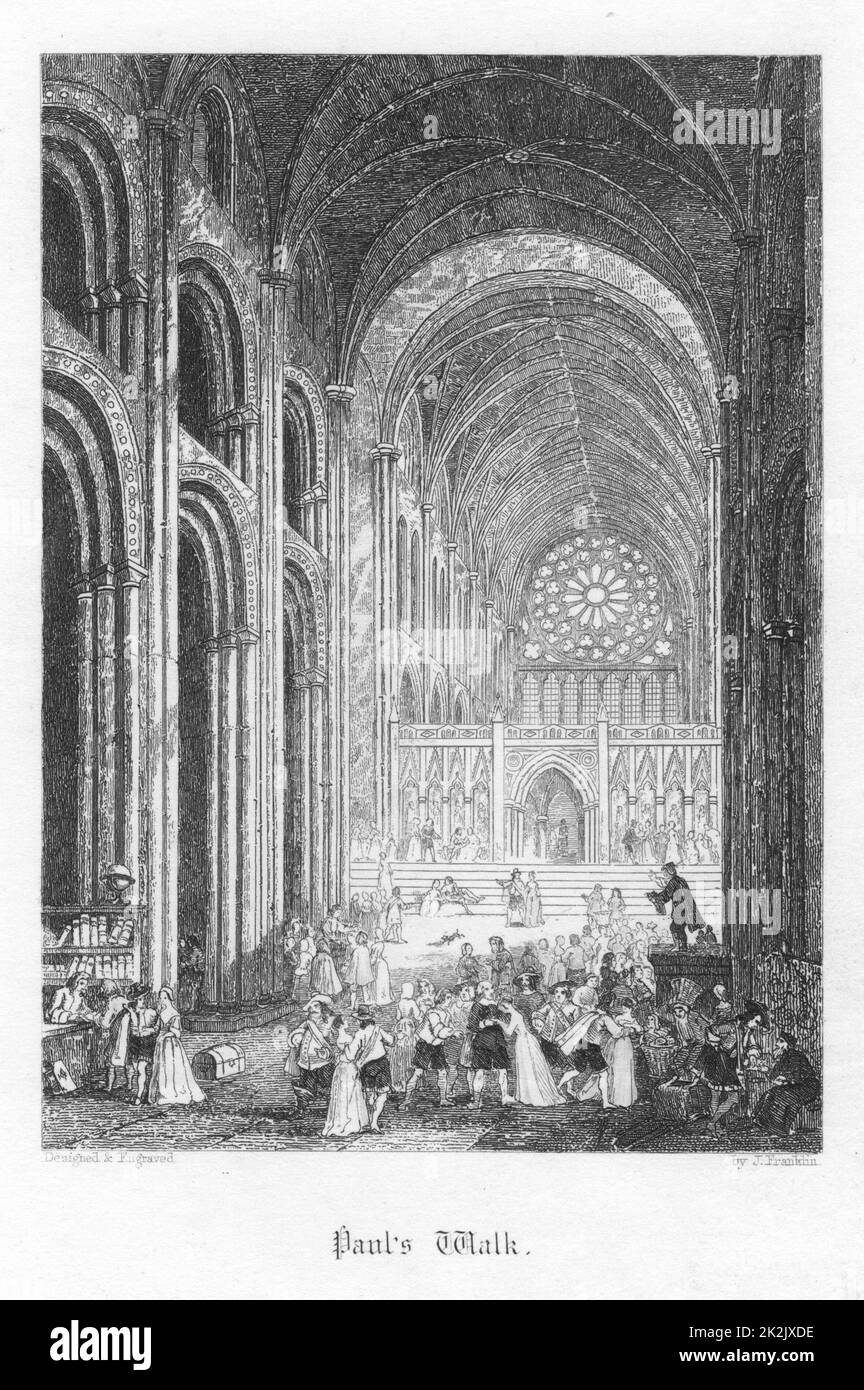 Paul's Walk: the nave of Old Saint Paul's turned into a market place. Illustration by John Franklin (fl.1800-61) for William Harrison Ainsworth 'Old Saint Paul's', London 1855 (first published 1841). Engraving Stock Photo