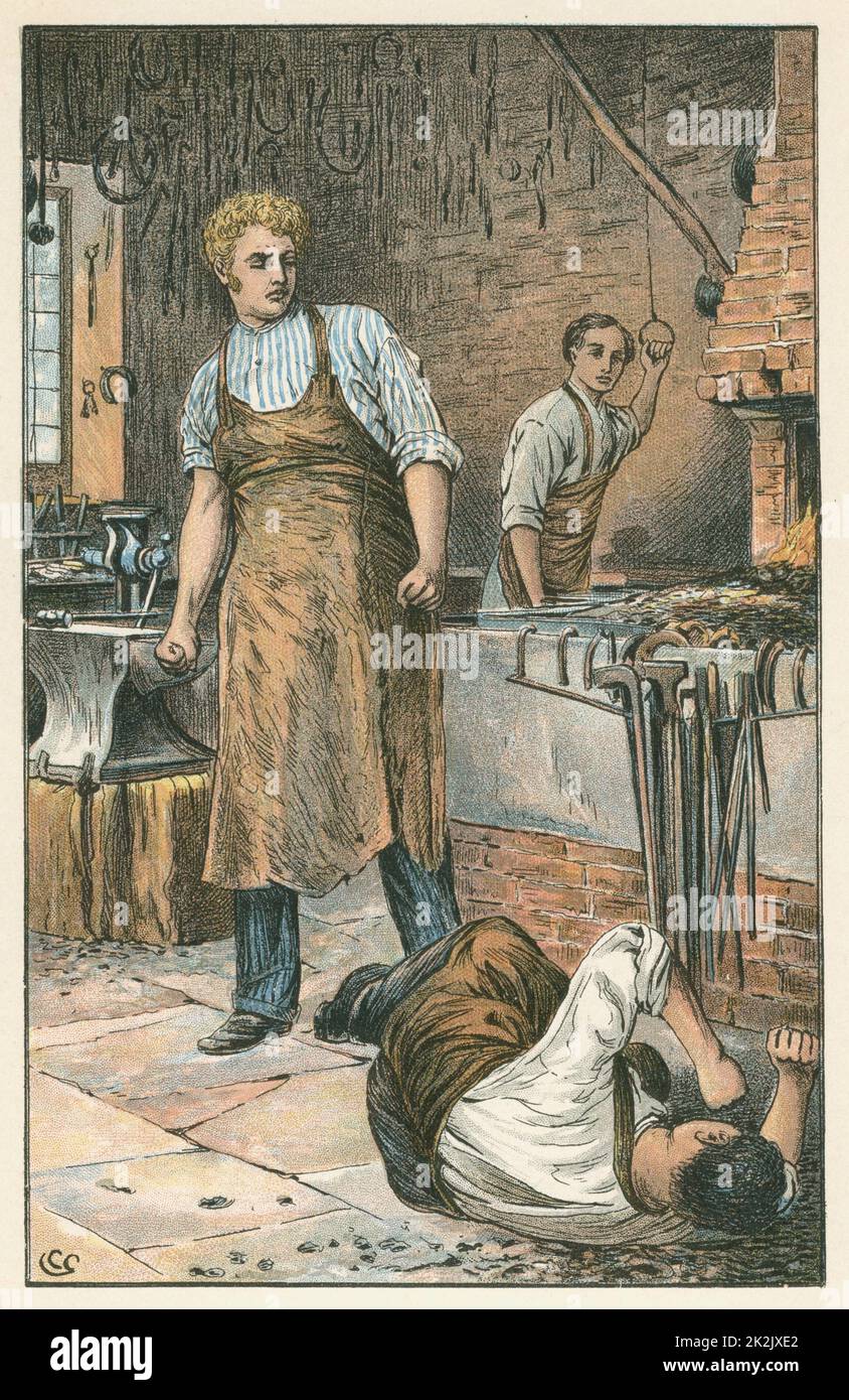 Joe Gargery, the gentle giant, provoked to violence in his smithy. In the background his brother-in-law Philip Pirrip (Pip), the hero of the novel, works the bellows. Illustration by Charles Green (1840-98), for Charles Dickens 'Great Expectations'. Title first published 1860-1861 Stock Photo