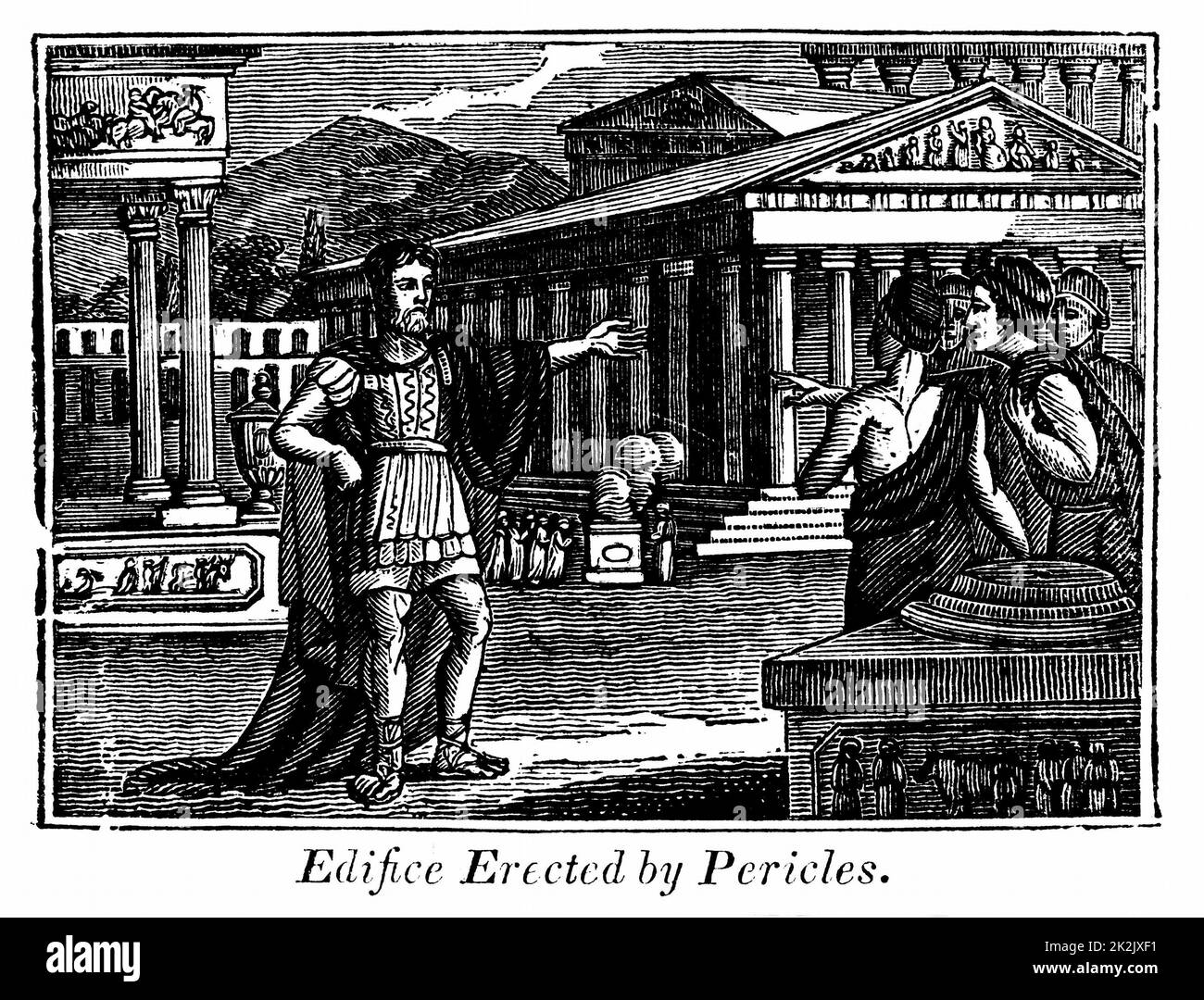 Pericles/Perikles (c490-429 BC), Athenian statesman, and some of the public buildings erected in Athens under his patronage. Woodcut from the Rev. Royal Robbins 'The World Displayed', New York, 1830 Stock Photo