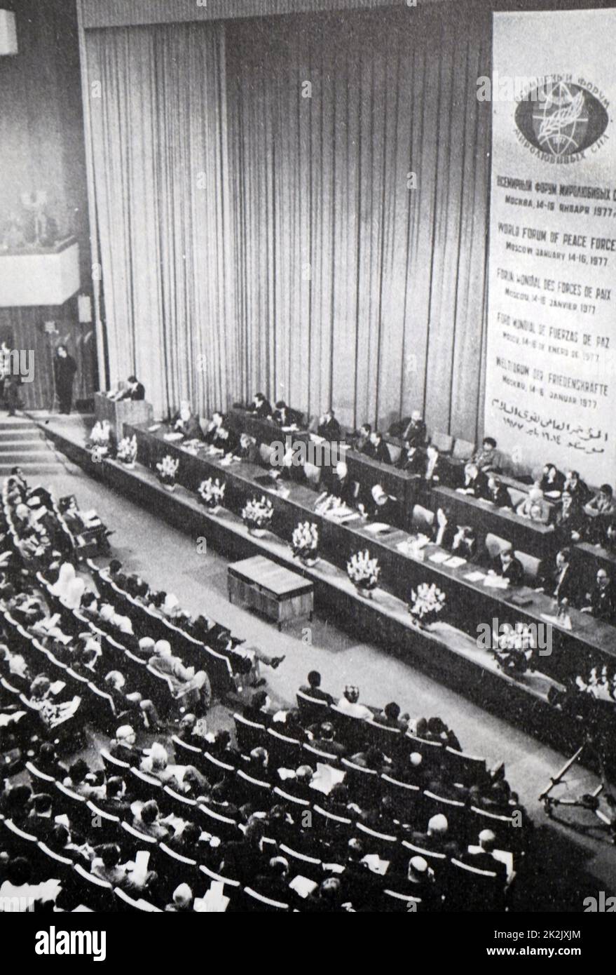 Photograph taken during the World Forum of Peace Forces in Moscow. Also known as, the World Peace Council, it is an international organization that advocates universal disarmament, sovereignty and independence and peaceful co-existence, and campaigns against imperialism, weapons of mass destruction and all forms of discrimination. Dated 20th Century Stock Photo