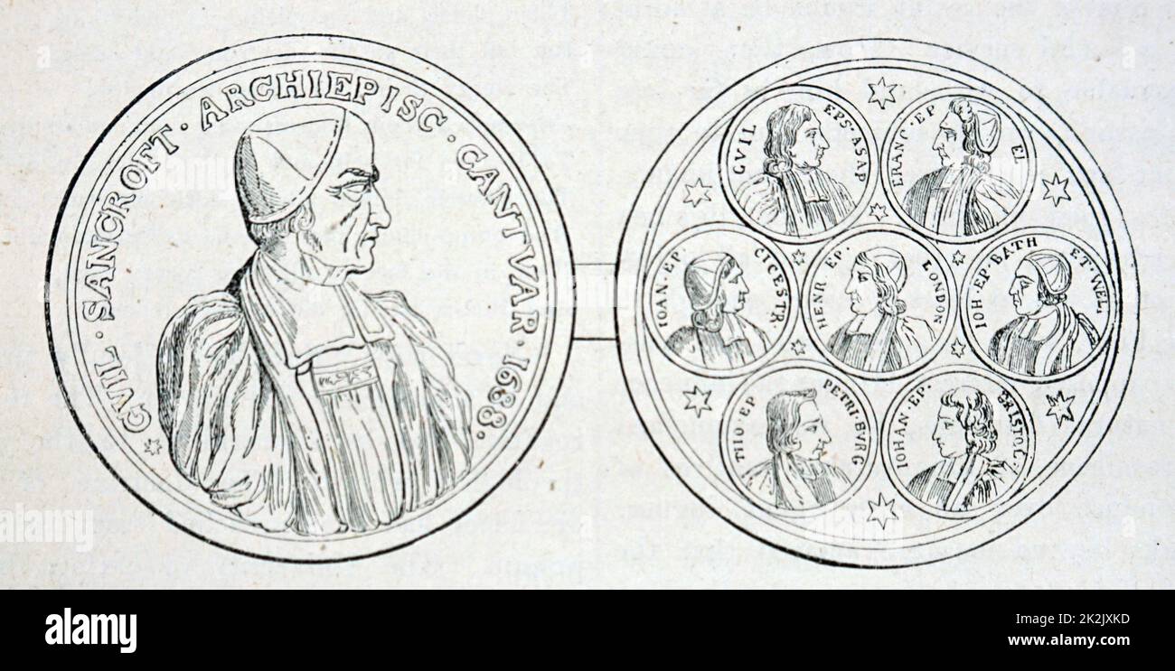 Engraving of a medal made in honour of the Seven Bishops  of the Church of England, who were imprisoned and tried for seditious libel related to their opposition to the second Declaration of Indulgence, issued by King James II. Dated 17th Century Stock Photo