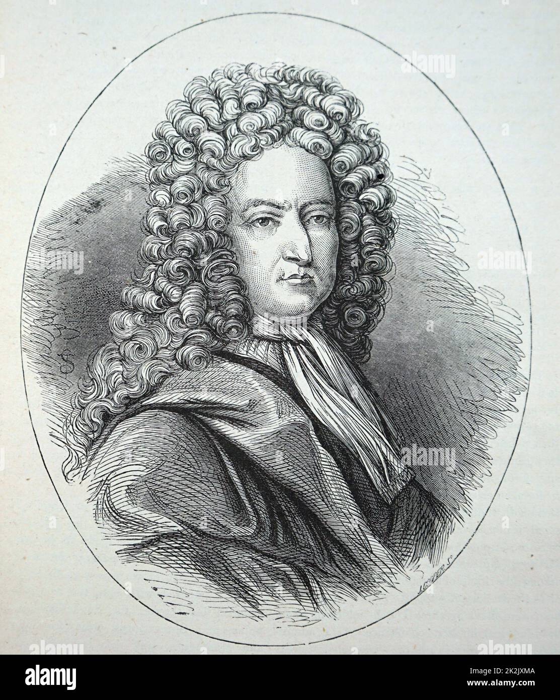 Engraved portrait of Daniel Defoe (1660-1731) an English trader, writer, journalist, pamphleteer and spy. Dated 18th Century Stock Photo