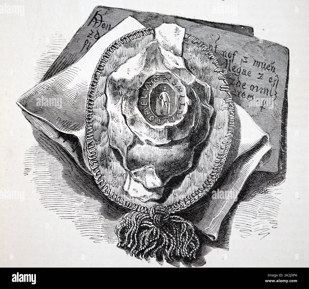 Engraving depicting the seal and bag preserved in the Record Office. Inside the bag is a grant made by Saint Thomas Becket (1118-1170) to the Priory of the Holy Trinity. Dated 12th Century Stock Photo