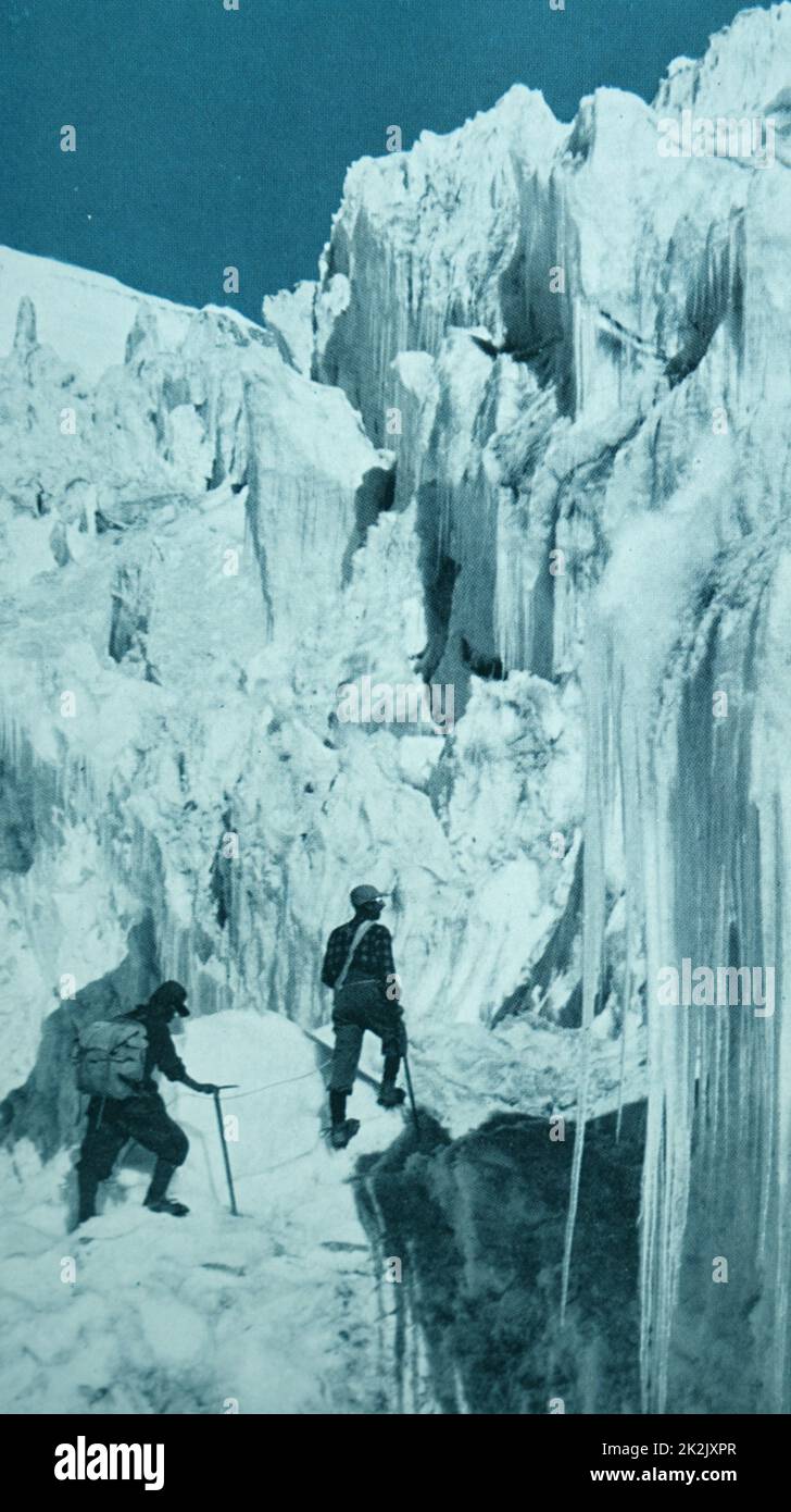 Photograph of a party climbing the North Face of Mount Everest. Dated 20th Century Stock Photo