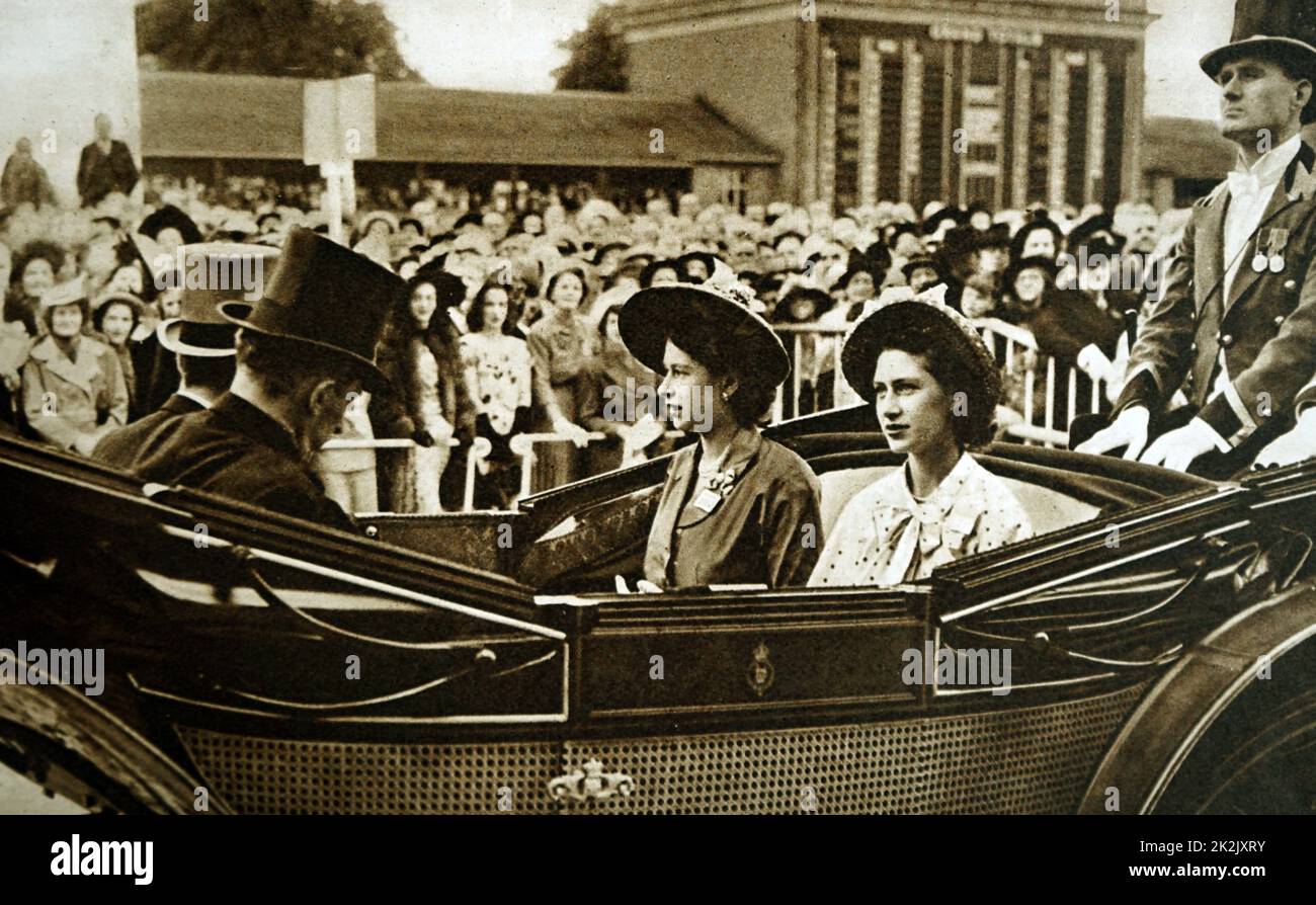 Photograph of Queen Elizabeth II (1926 -) and Princess Margaret (1930-2002) arriving at Ascot. Dated 20th Century Stock Photo