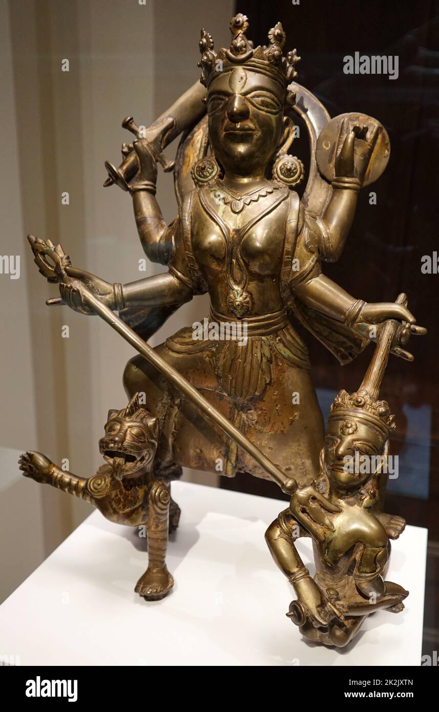 The Goddess Durga Killing the Buffalo Demon, (Mahishasura Mardini) from India. Dated 12th Century Stock Photo