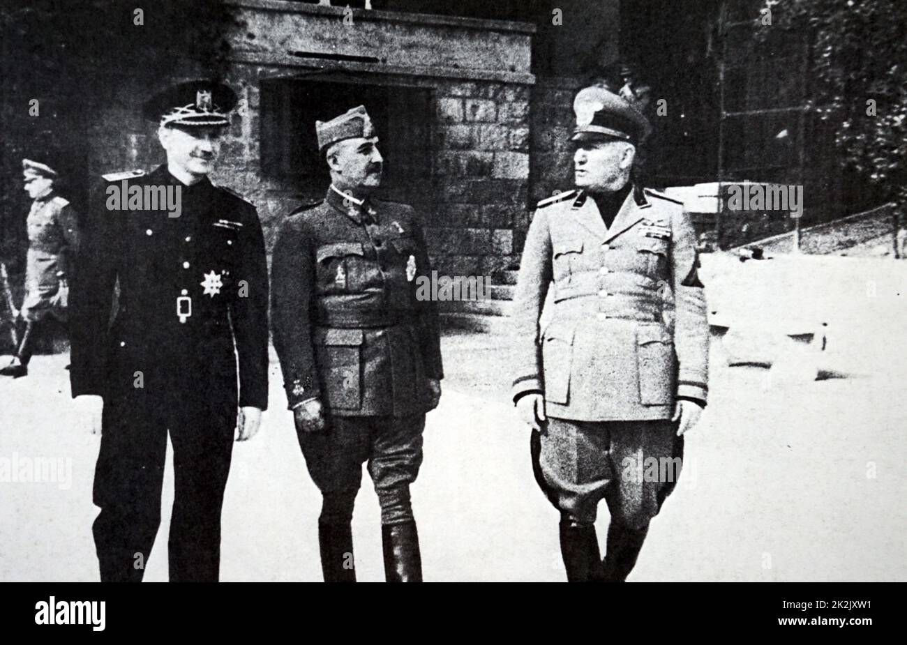 Photograph of Ramón Serrano Suñer (1901-2003), General Francisco Franco (1892-1975) and Benito Mussolini (1883-1945) meeting in Bordighera, Italy. Dated 20th Century Stock Photo