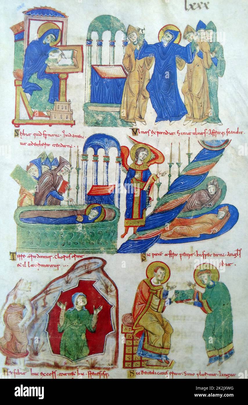 Manuscript from the Life of St Benedict. The manuscript depicts six scenes from the Benedict's life. Written by St Gregory the Great, a Benedictine monk who later became Pope. Dated 11th Century Stock Photo