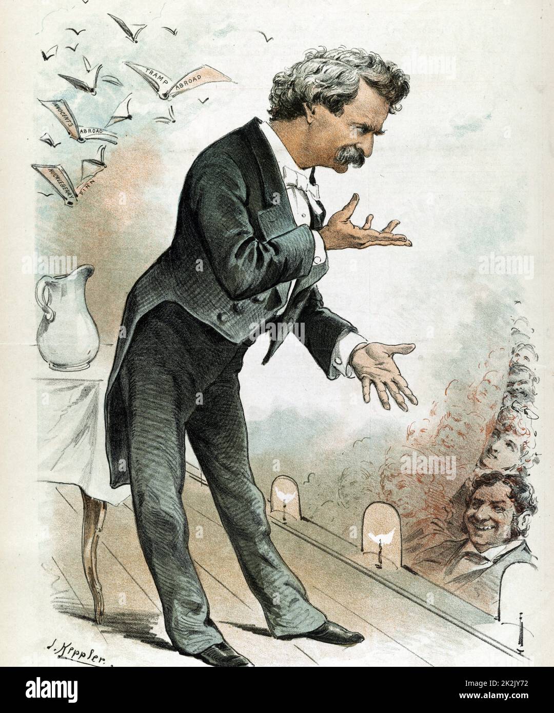 Mark Twain, America's best humorist by Joseph Ferdinand Keppler, 1838-1894, artist. 1885 Dec. 16. Print shows Mark Twain, full-length portrait, facing right, standing on stage, speaking to audience. Stock Photo