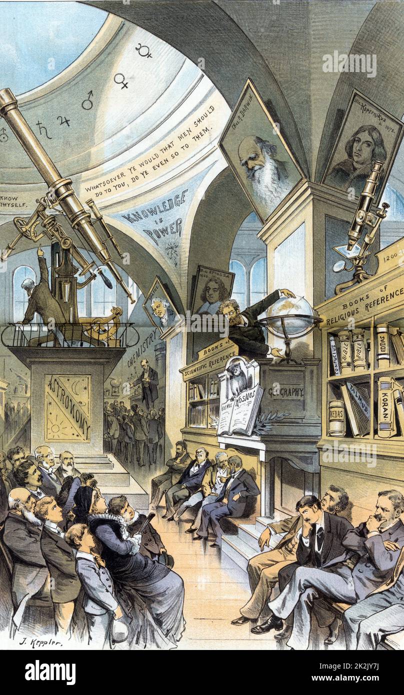 The universal church of the future by Joseph Keppler, 1883. Interior view of a hall in a museum with four men sitting quietly beneath a shelf of 'Books of Religious Reference'; there is a small crowd gathered before them. Further along the hall is another group of four men sitting beneath a shelf of 'Books of Scientific Reference'; labelled 'Geography'. An owl perched on an open book labelled 'Kosmos’. Further still along the hall is a man lecturing to a large gathering in a section labelled 'Chemistry'. Portraits of Copernicus, Darwin, Spinoza, and Paine hang from the vaulted archways. Stock Photo