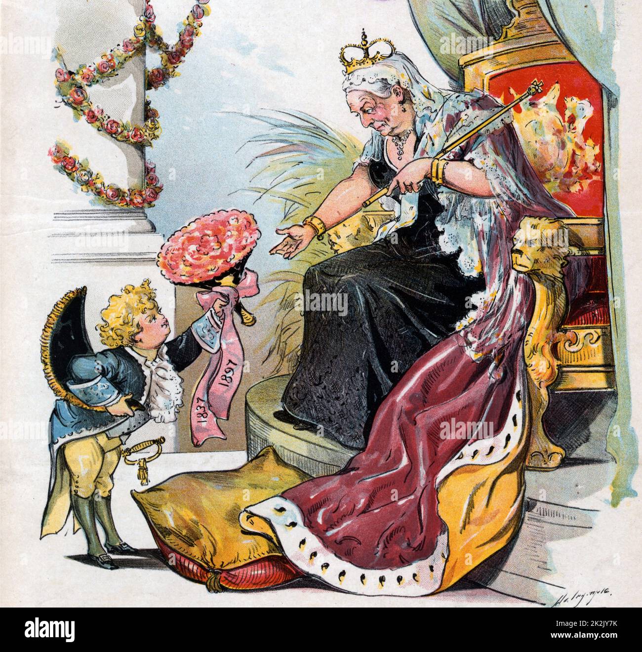 Puck to Victoria, by Louis Dalrymple, 1866-1905, artist. Published 1897. print shows Puck bowing and handing a bouquet of flowers labelled '1837 1897' to Queen Victoria, who is sitting on a throne, holding a sceptre, and leaning forward to accept the flowers. Includes a few lines of light verse. Stock Photo