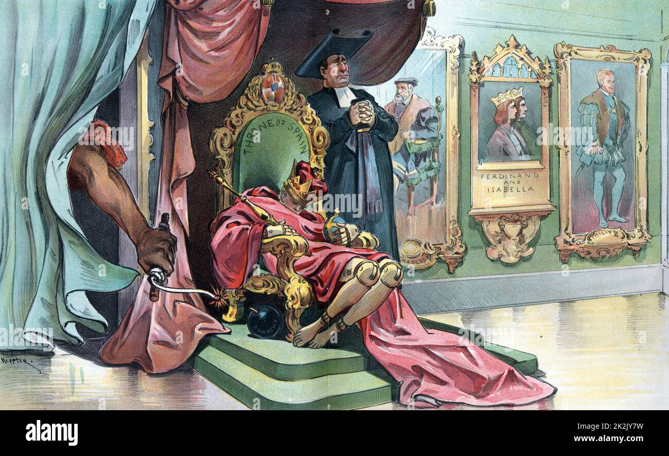 This will be an internal explosion bu Udo Keppler, 1872-1956, artist 1898. Print shows the child king Alfonso XIII as a wooden puppet slumped over on the 'Throne of Spain' with a clergyman standing next to him, and on the walls to the right are portrait paintings of 'Charles V, Ferdinand and Isabella, [and] Philip II'. On the left, an arm labelled 'Home Riots' reaches through the curtains with a torch to ignite a bomb labelled 'Anarchy' next to the throne. Stock Photo