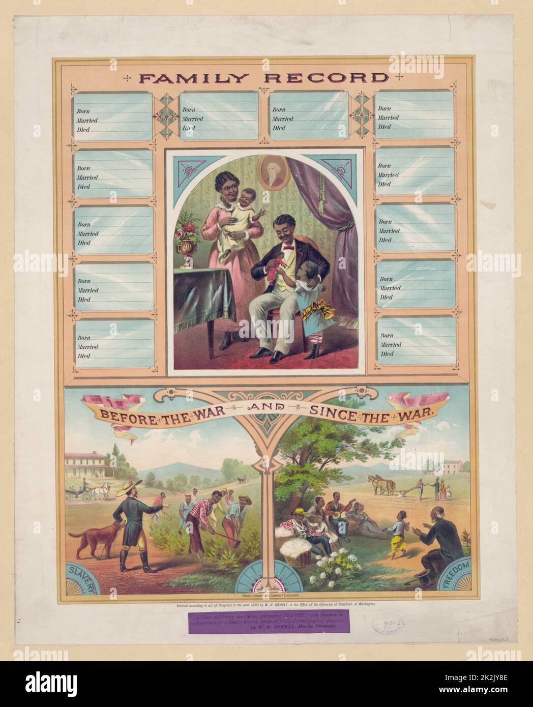 Family record. Before the war and since the American Civil war. Published 1880. chromolithograph chart exhibiting two farms, contrasting slavery with freedom in connection with a family record. Stock Photo