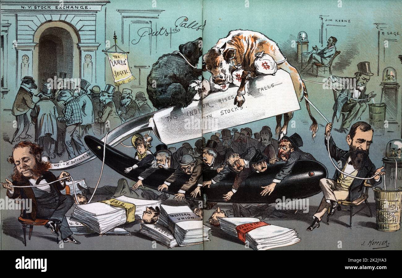 Cut-throat business in Wall Street. ‘How the inexperienced lose their heads’, by Joseph Ferdinand Keppler, 1881. William H. Vanderbilt, Jay Gould, Russell Sage and James R. Keene checking ticker tape connected to a large straight-edge razor labelled 'Wade in & Butcher'em' and 'This Indicator Rises & Falls with Stocks' with a bear and a bull and several money bags labelled '$' balanced on the back of the blade. Below are many investors reaching for bundles of 'Pacific Mail, Western Union, [and] Erie' stocks. In the background another group of investors labelled 'The Lambs Brigade'. Stock Photo