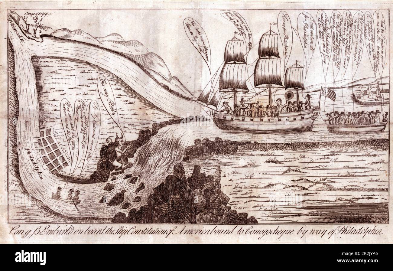 In July 1790 Congress decided to move the seat of the federal government from its original site in New York to Washington, with Philadelphia as an interim capital. The unidentified satirist gives a cynical view of the profit opportunity which this presented for Philadelphians. A three-masted ship with a smaller boat in tow sails toward a fork in a river. It is being lured by a devil toward the lower fork (eventually leading to Philadelphia), which falls precipitously in a rocky cataract, and away from the fork which leads to the 'Potowmack' river Stock Photo