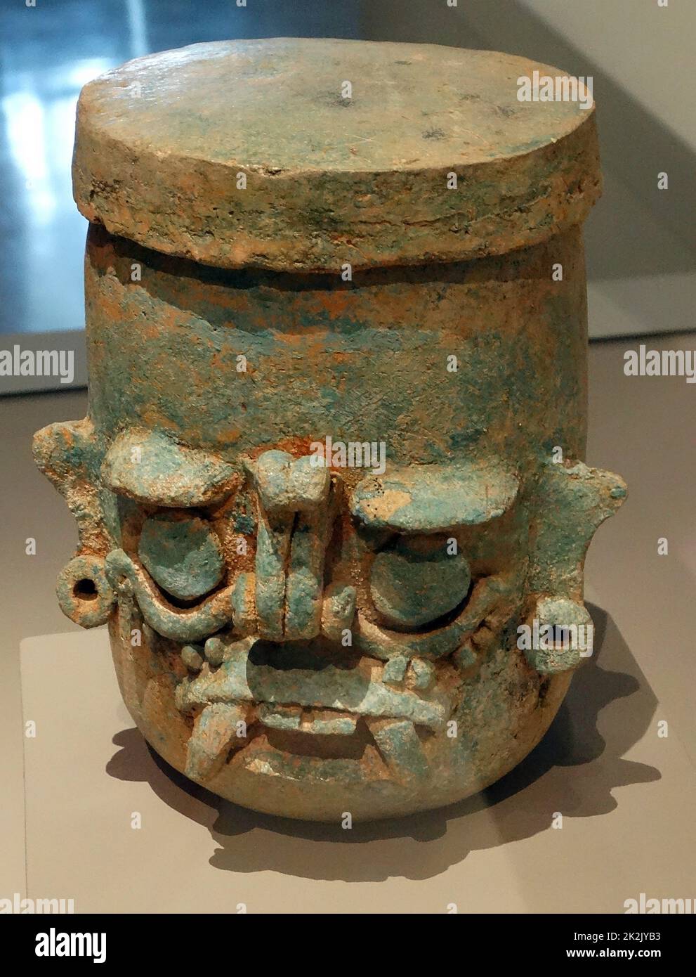 Ceramic vase depicting the Mayan rain deity, Chaac, Yucatan, Mexico. Dated 1250-1550 AD. Stock Photo