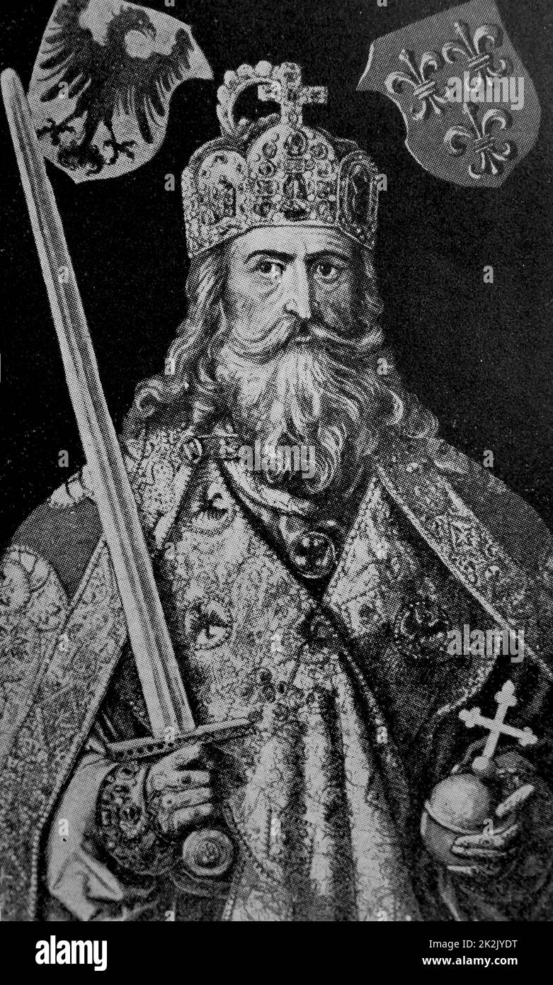 Portrait of King Charlemagne, King of the Franks. Engraving after the painting by Albrecht Dürer. Stock Photo