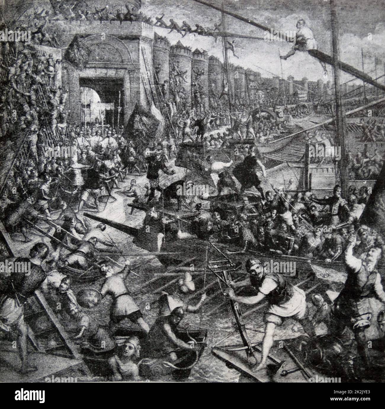 The taking of Constantinople by the Venetians and crusaders. The capture of the capital happened on July 17th 1203. Stock Photo