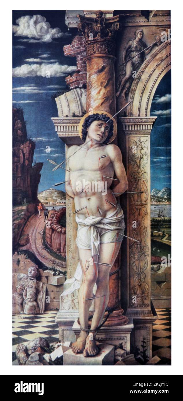 St. Sebastian; 1470; by the Italian Early Renaissance master Andrea Mantegna. Sebastian was considered protector against the plague as having been shot through by arrows, and it was thought that plague spread abroad through the air. tempera on panel Stock Photo