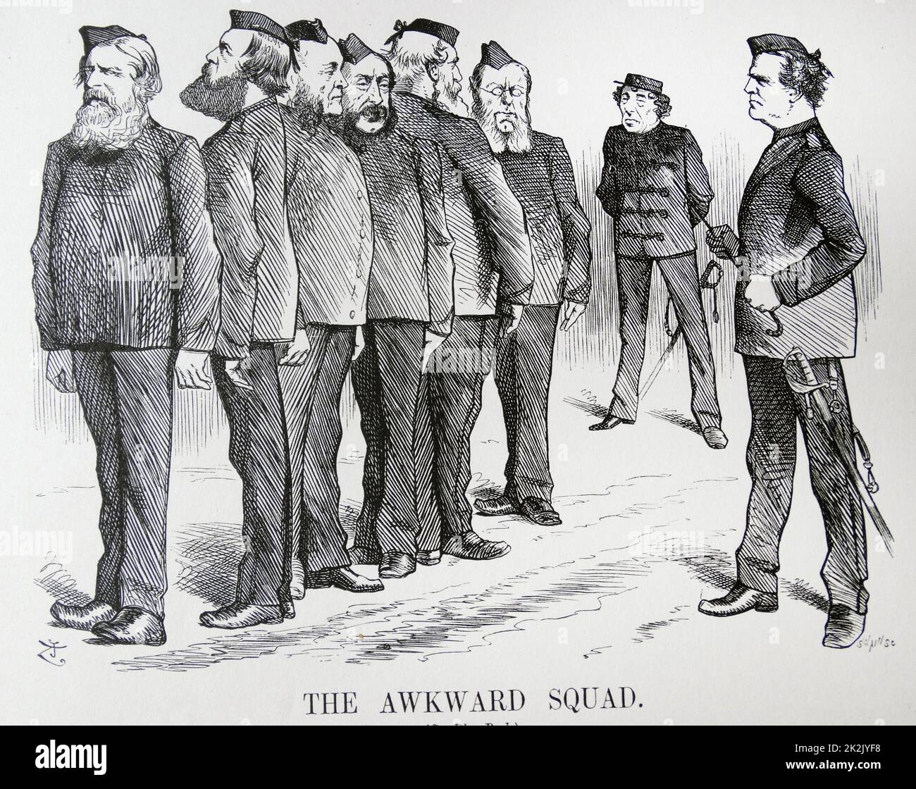 THE AWKWARD SQUAD. John Tenniel cartoon. The difficulties Disraeli was having with different opinions in his cabinet on policies on the Russo/Turkish War. 1877-1878 Stock Photo