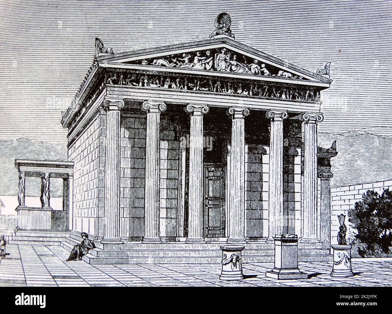 Illustration depicting the Erechtheion or Erechtheum, an ancient Greek temple on the north side of the Acropolis of Athens in Greece which was dedicated to both Athena and Poseidon Stock Photo