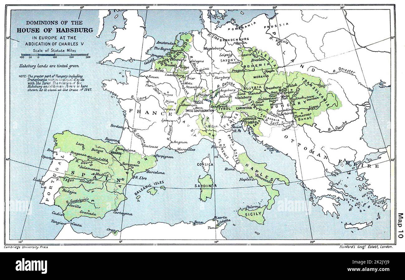Map showing the Habsburg Empire at the time of Charles V Mid 16th Century Stock Photo