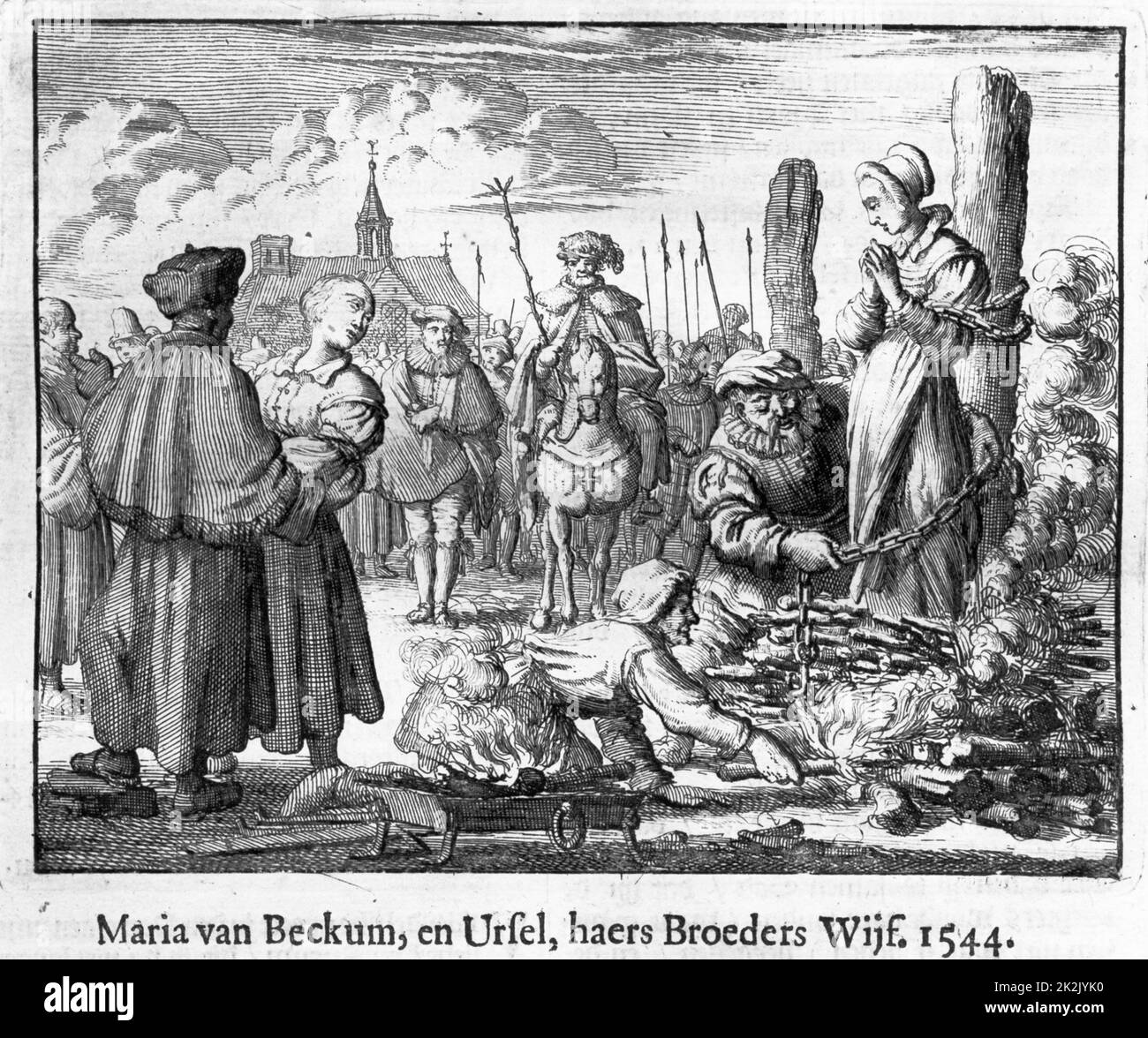 Anabaptist leaders and teachers were often burned at the stake, though sometimes after being strangled first. Burning of Maria and Ursula van Beckum, Deventer, 1544 Stock Photo