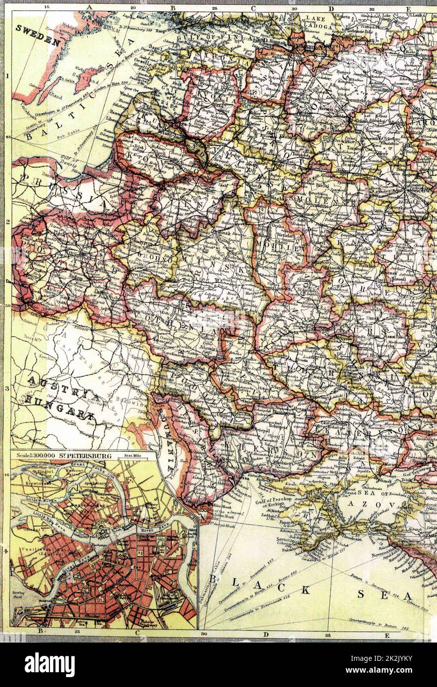 Industrialisation in Russia was led by the introduction of railways. Map circa 1890 shows rail routes across Russia Stock Photo