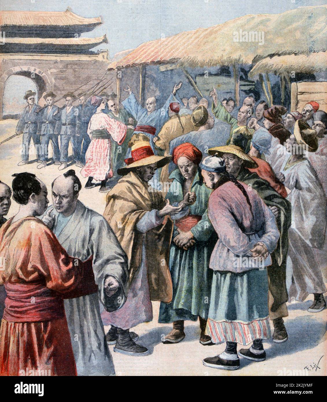 First Sino-Japanese War 1894-1895: Unrest in Seoul. Japan invaded Korea on the pretext of saving the country from China. Entered Seoul on 23 July and seized Korean Emperor. From 'Le Petit Journal', 13 August 1894. Stock Photo