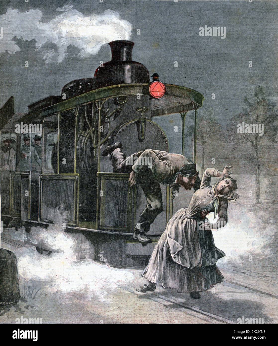 Tragic accident at Marly-le-Roi on the Paris-Saint-Germain railway, France.  The engine driver trying to save a woman walking on the line.  Both were killed.  From 'Le Petit Journal', Paris, 14 November 1891. Stock Photo